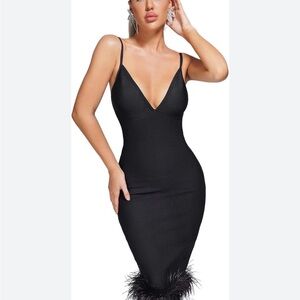 Sophisticated Black Feather Hem Midi Dress